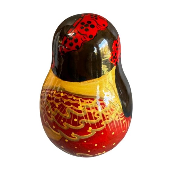 Matryoshka Roly Poly Bell Doll Hand Painted Wooden 5 1/4" Red Gold Folk Art - Picture 3 of 7